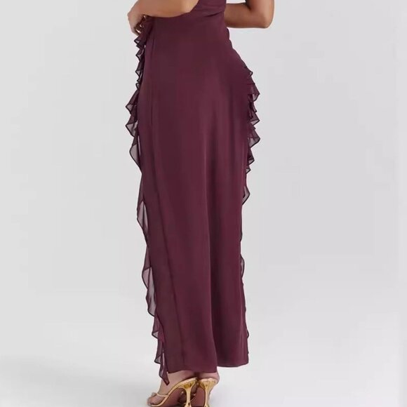 Split Ruffled Square Neck Maxi Dress | New Sleeveless Sheath Dress w/ Leg Slit - Picture 7 of 10